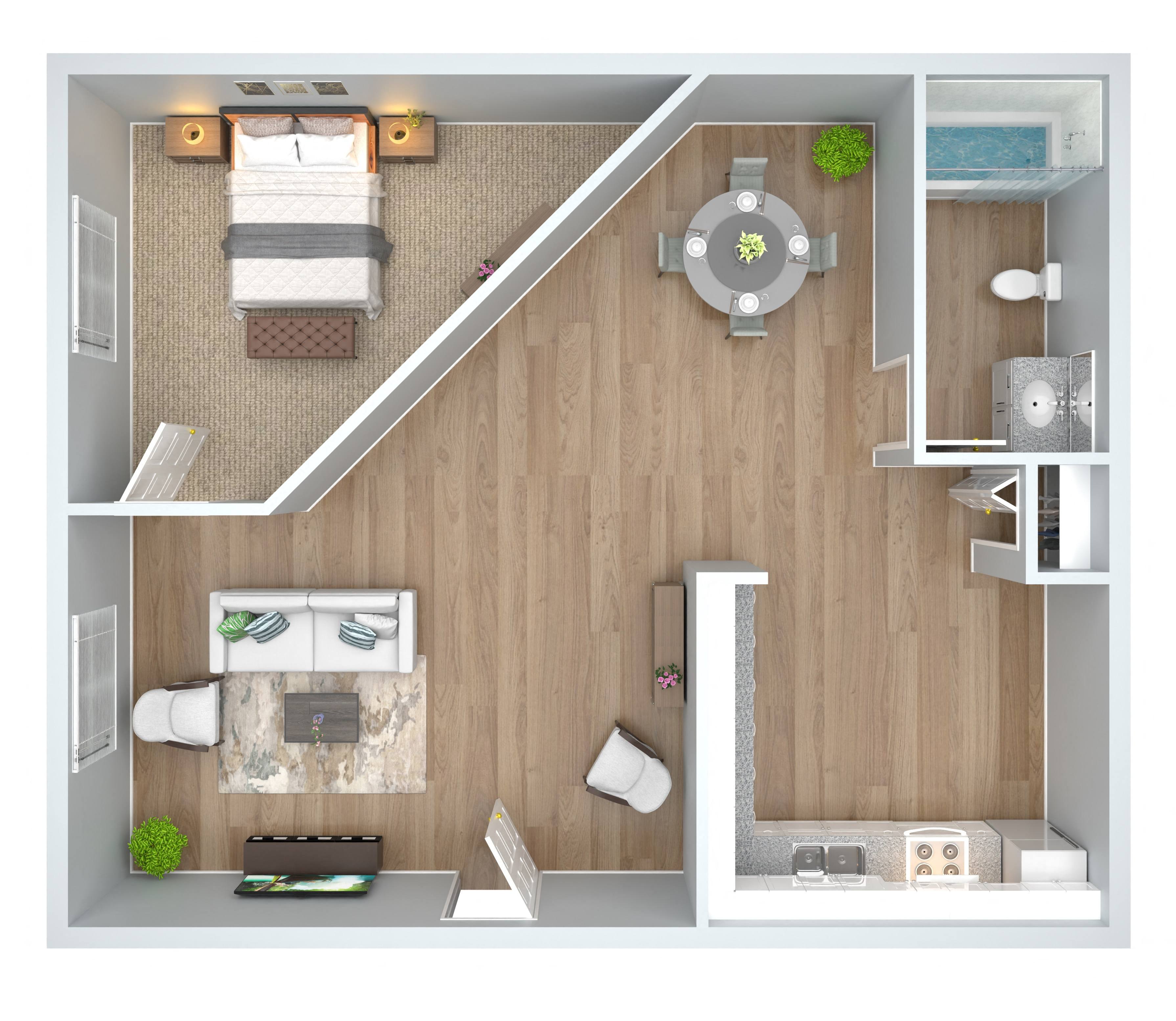 Floor plan for 1 bed, 1 bath, 500 sqft